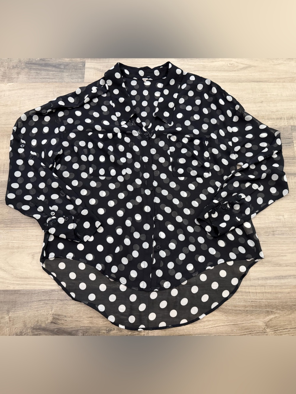 Free People Black & White Polka Dot Sheer Button Down Blouse Oversized